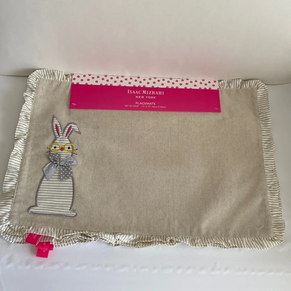 Isaac Mizrahi Bunny Rabbit Placemats Set of 4 Easter Bow Glasses